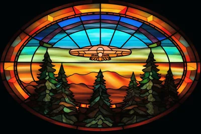 Stained Glass Window Featuring A Flying Saucer Over Forest