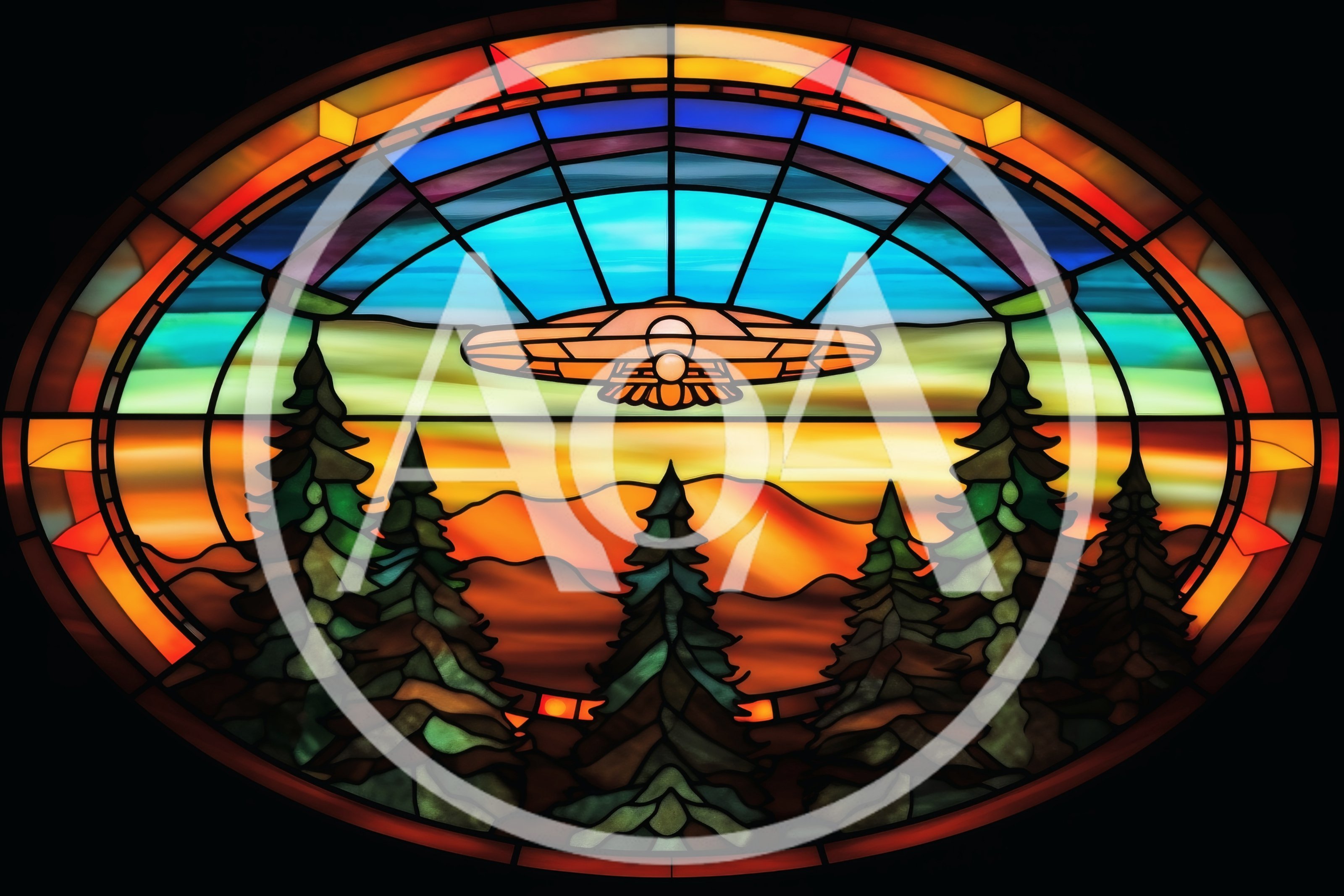 Stained Glass Window Featuring A Flying Saucer Over Forest