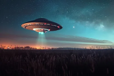 UFO Hovering Over A Dark Rural Field At Night
