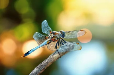 Blue Dragonfly Perched on a Wooden Twig