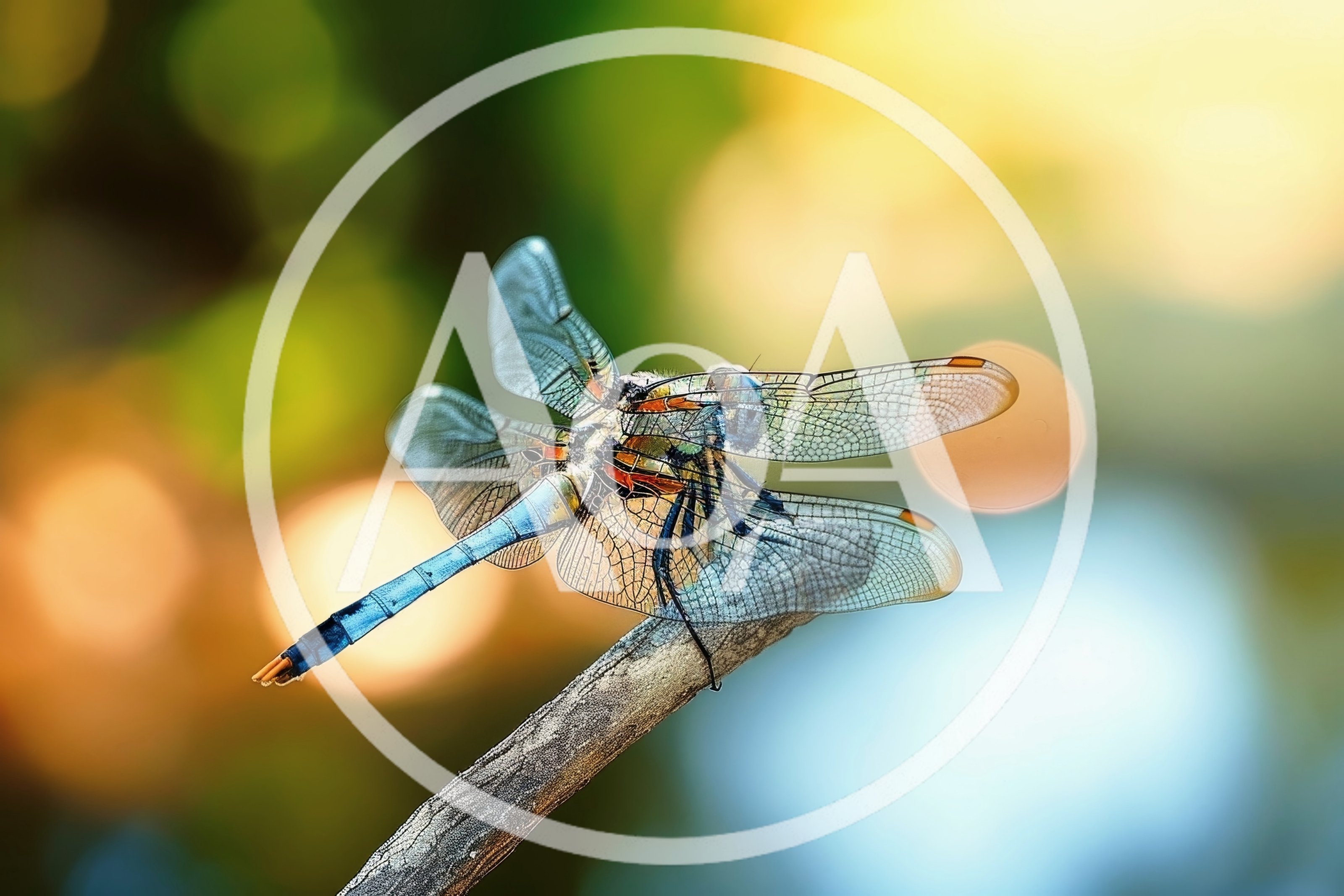 Blue Dragonfly Perched on a Wooden Twig