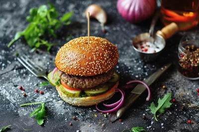 Gourmet Beef Burger on Dark Rustic Surface