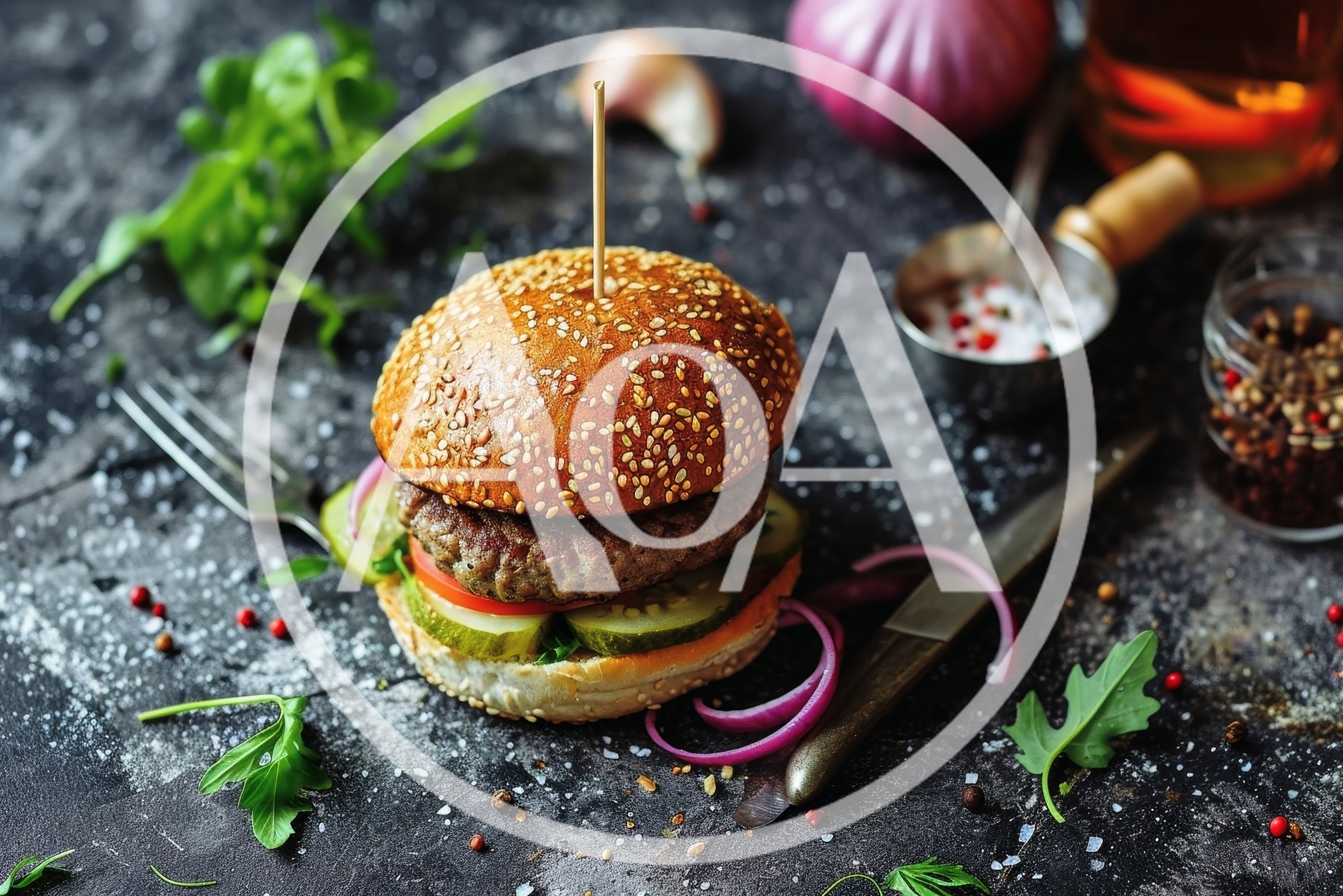 Gourmet Beef Burger on Dark Rustic Surface
