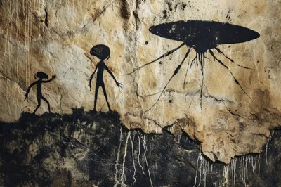 Ancient Cave Painting Depicting Alien Figures And Spaceship