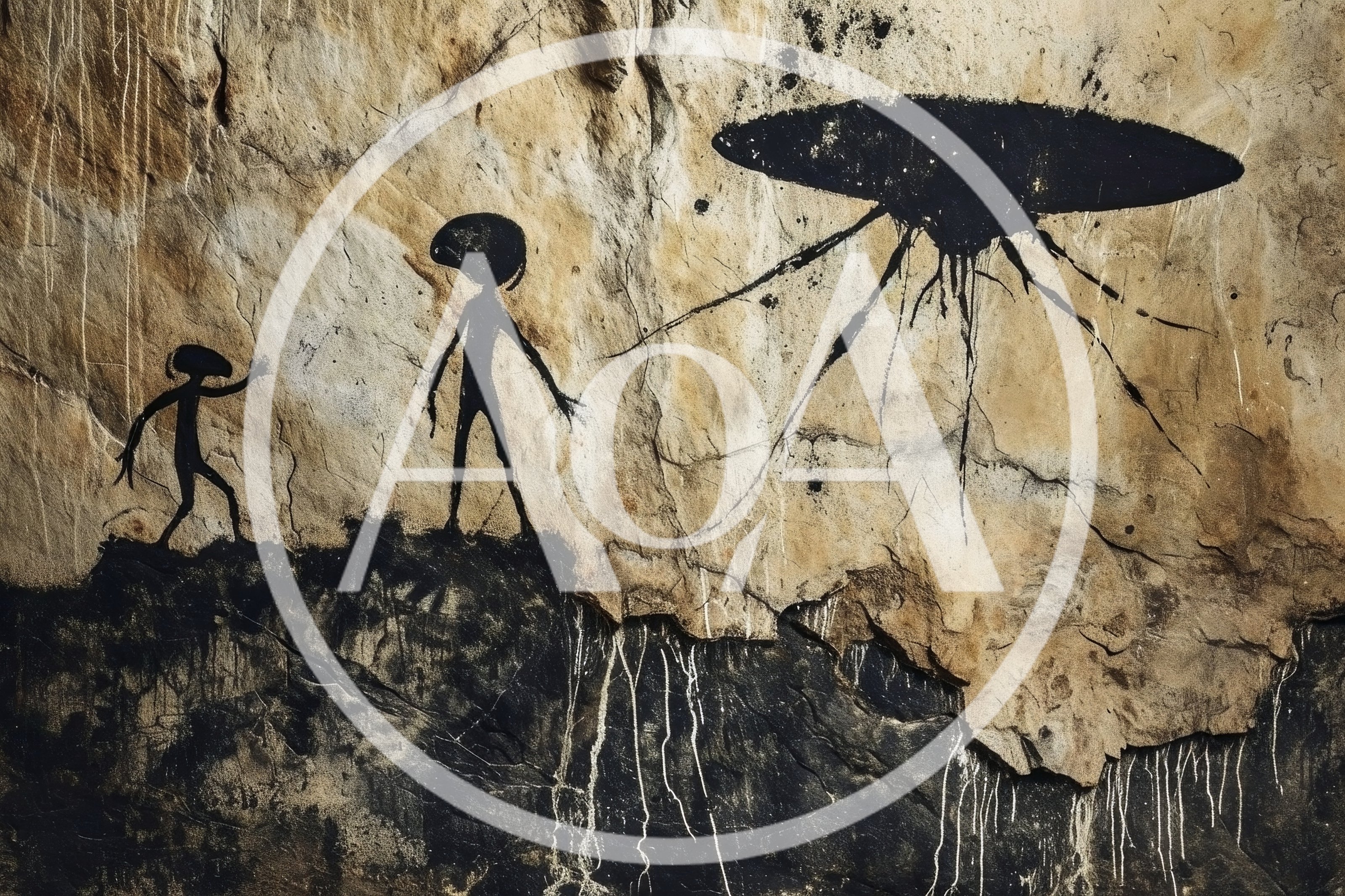 Ancient Cave Painting Depicting Alien Figures And Spaceship