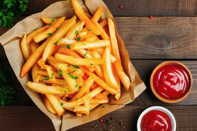 Top View Of Crispy French Fries With Ketchup