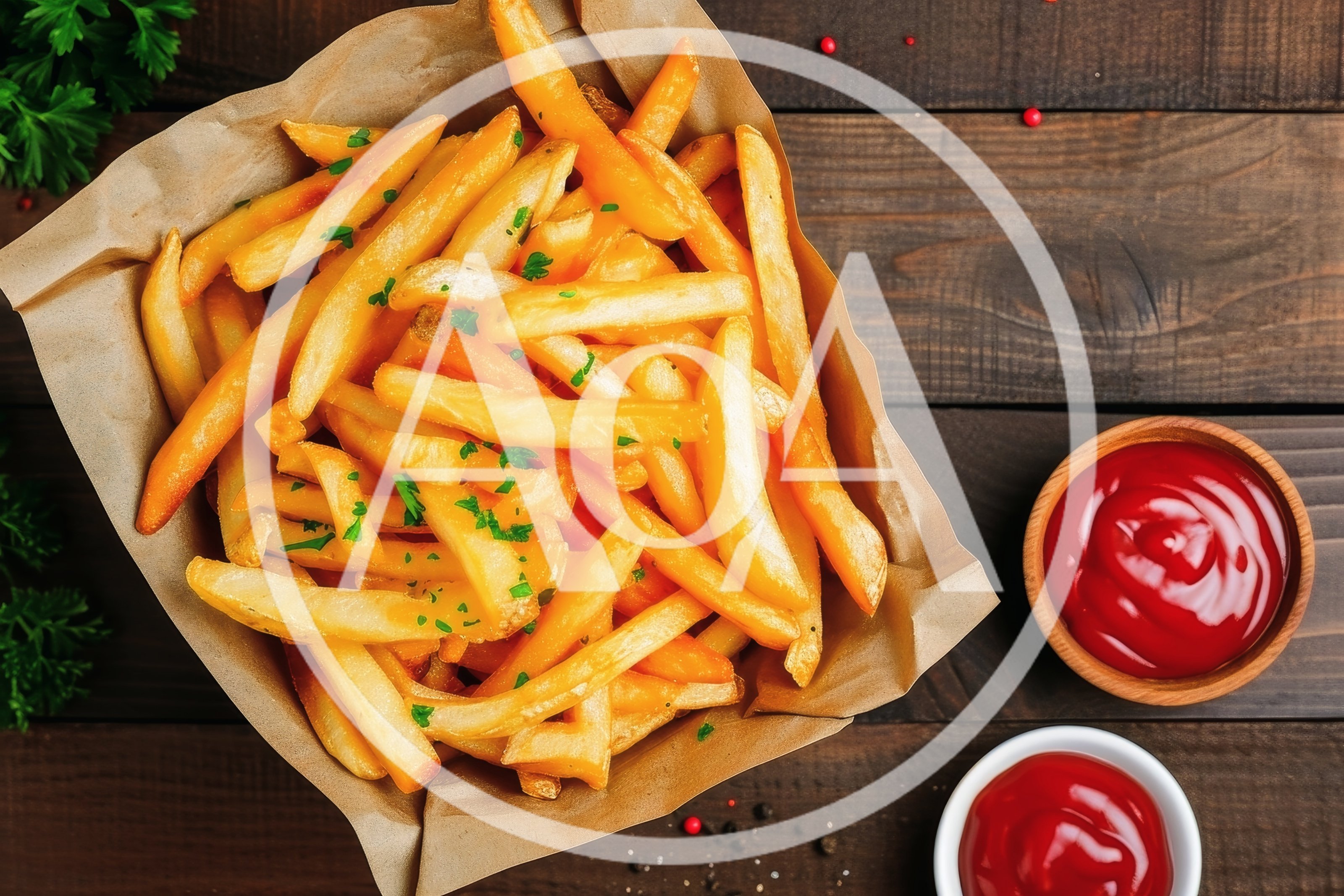 Top View Of Crispy French Fries With Ketchup