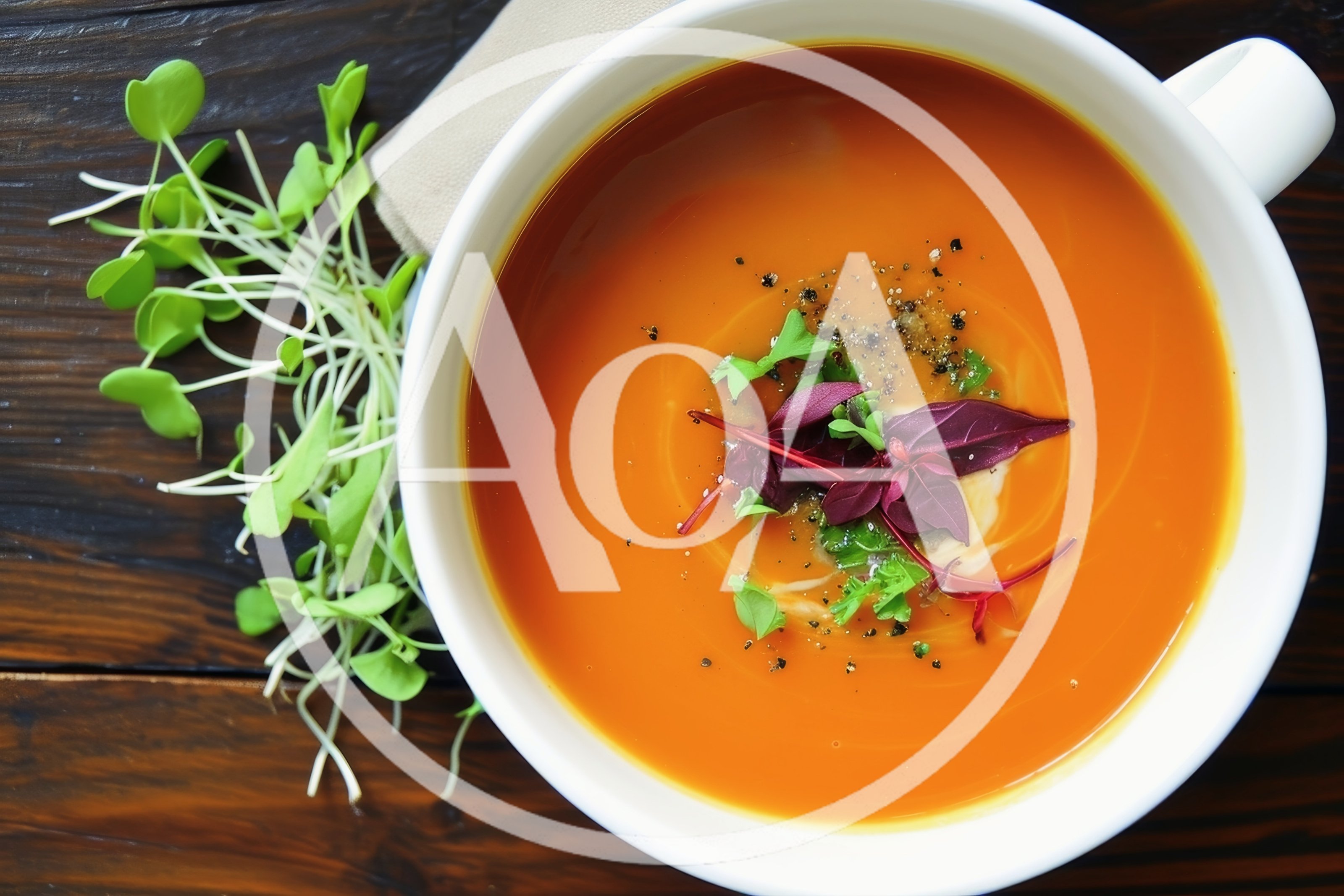 Bowl of Creamy Tomato Soup with Microgreens