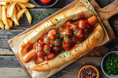 Gourmet Hot Dog With Savory Toppings On Wooden Board