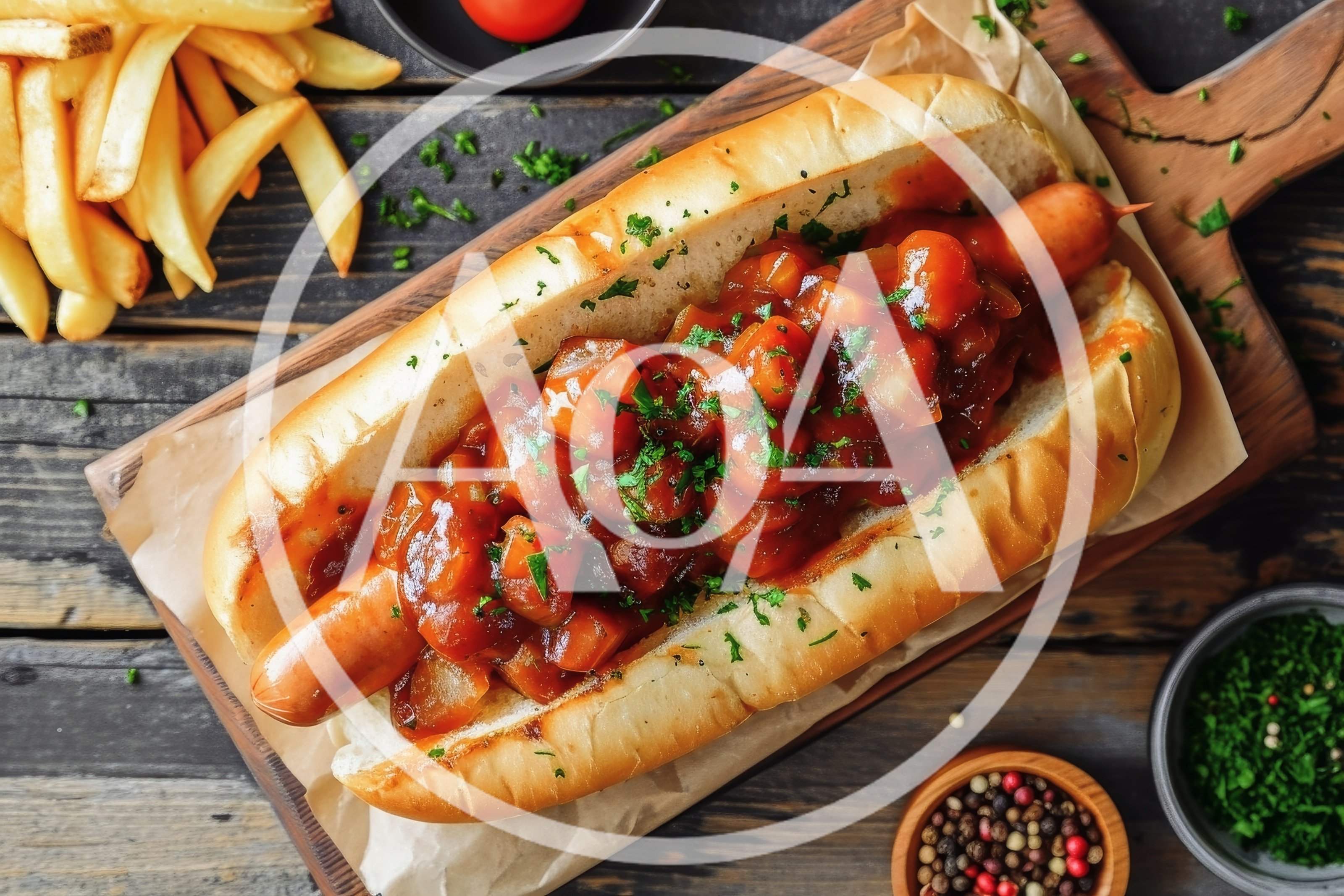 Gourmet Hot Dog With Savory Toppings On Wooden Board