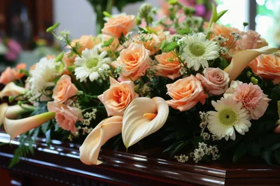 Elegant Floral Arrangement On A Wooden Casket