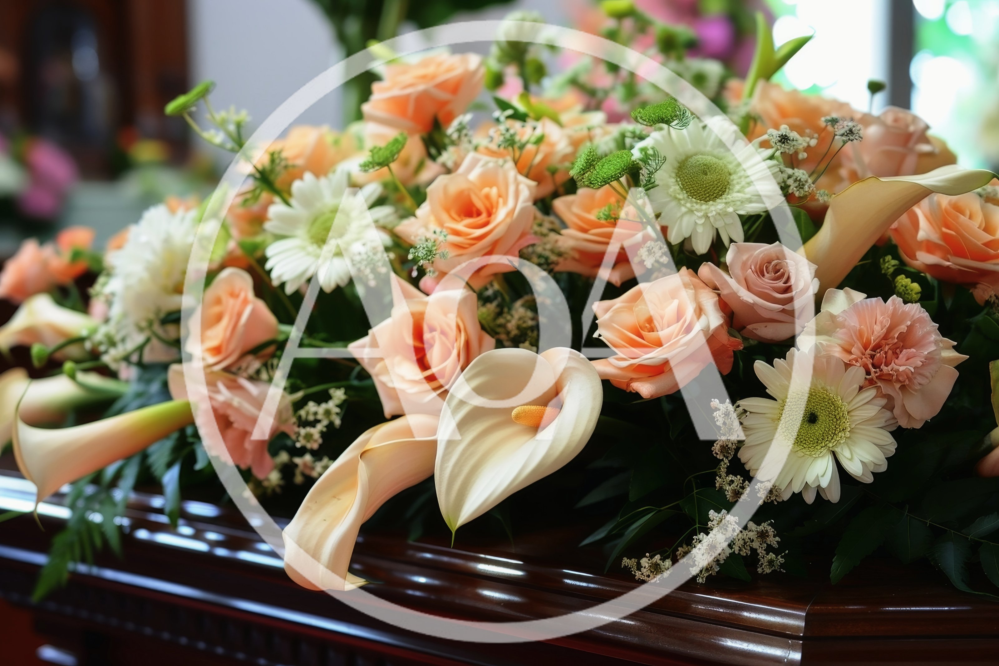 Elegant Floral Arrangement On A Wooden Casket