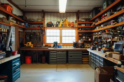 Organized Workshop With Workbench And Tool Storage Shelves