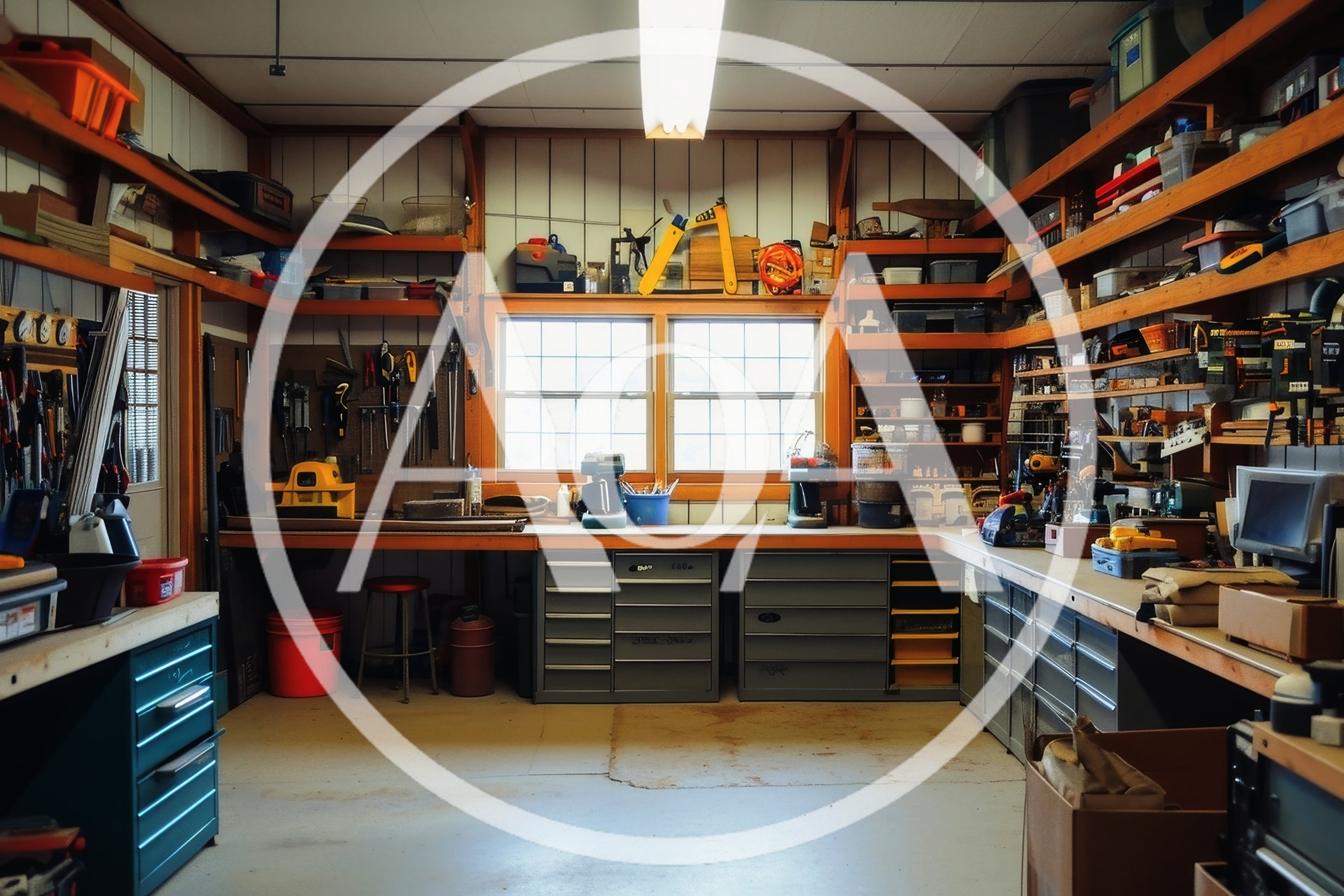 Organized Workshop With Workbench And Tool Storage Shelves