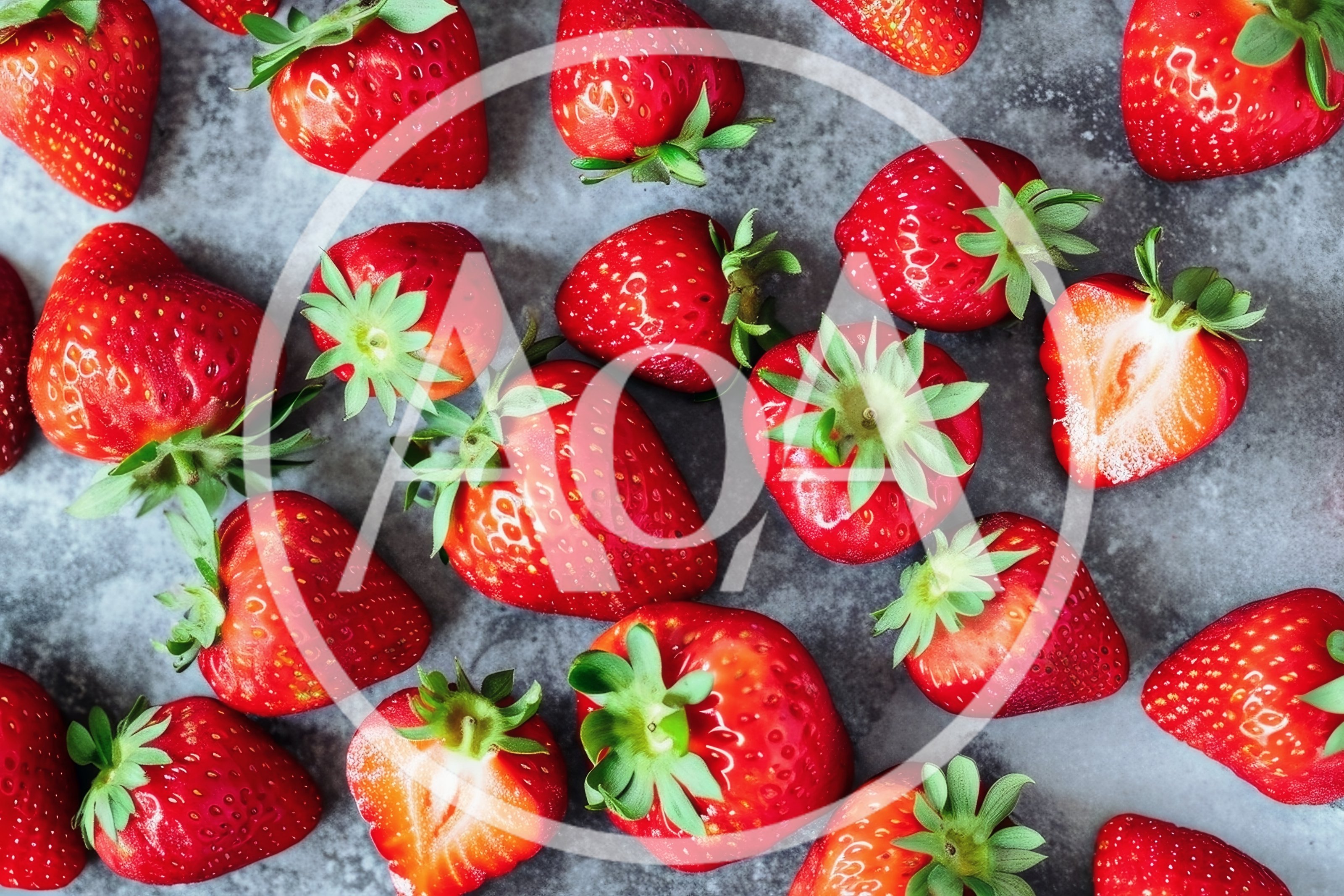 Fresh Ripe Strawberries Scattered on Gray Surface