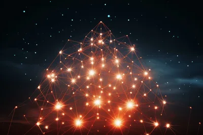 Glowing Geometric Network Pyramid Against Starry Night Sky