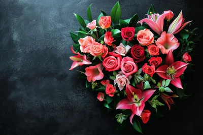 Heart Shaped Bouquet Of Roses And Lilies
