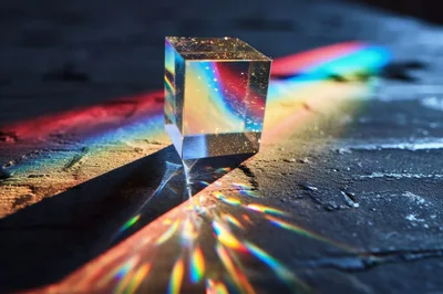 Glass Cube Prism Creating Rainbow Light Refraction