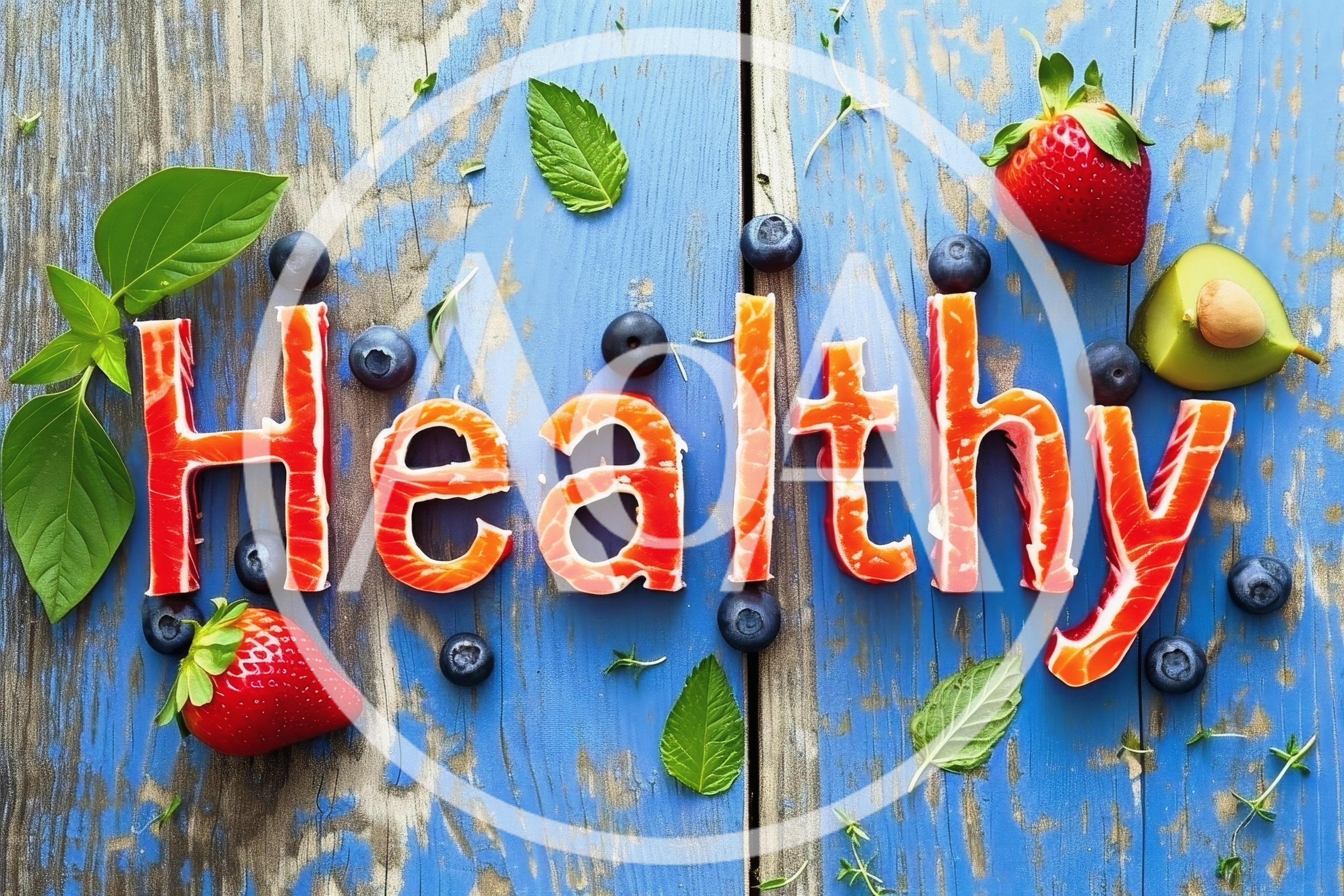 Healthy Word Spelled With Salmon Slices And Fresh Fruit