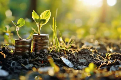 Small Green Plants Growing From Stacks Of Coins