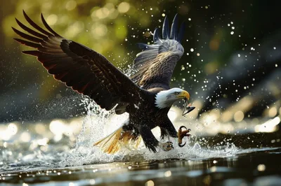 Bald Eagle Catching Fish In River
