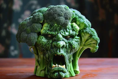 Surreal Broccoli Monster Head Sculpture On Wooden Table