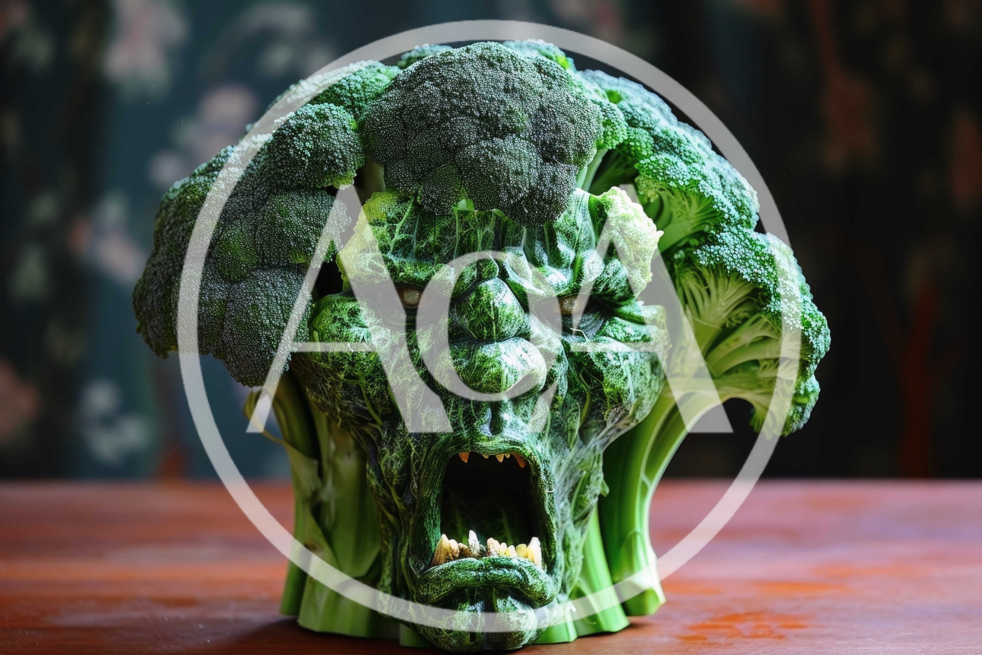 Surreal Broccoli Monster Head Sculpture On Wooden Table