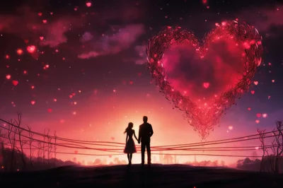 Silhouette Couple Standing Under A Giant Glowing Heart