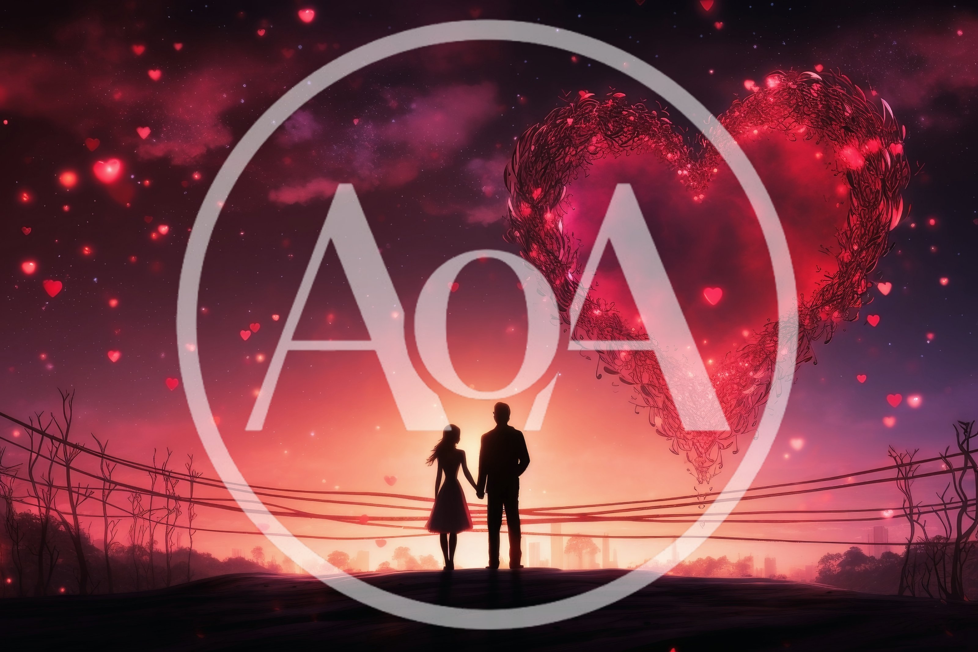 Silhouette Couple Standing Under A Giant Glowing Heart