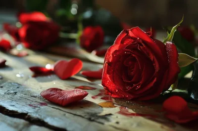 Single Red Rose With Heart Shaped Petals On Wood