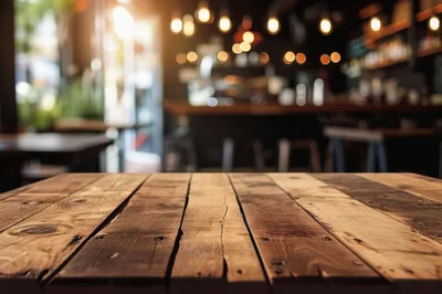 Rustic Wooden Table Surface in Blurred Coffee Shop
