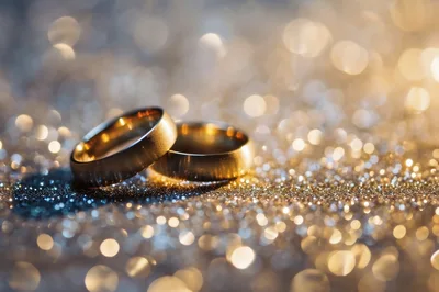 Two Golden Wedding Rings On Glittering Surface