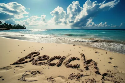 Word Beach Written In Sand On Tropical Shoreline