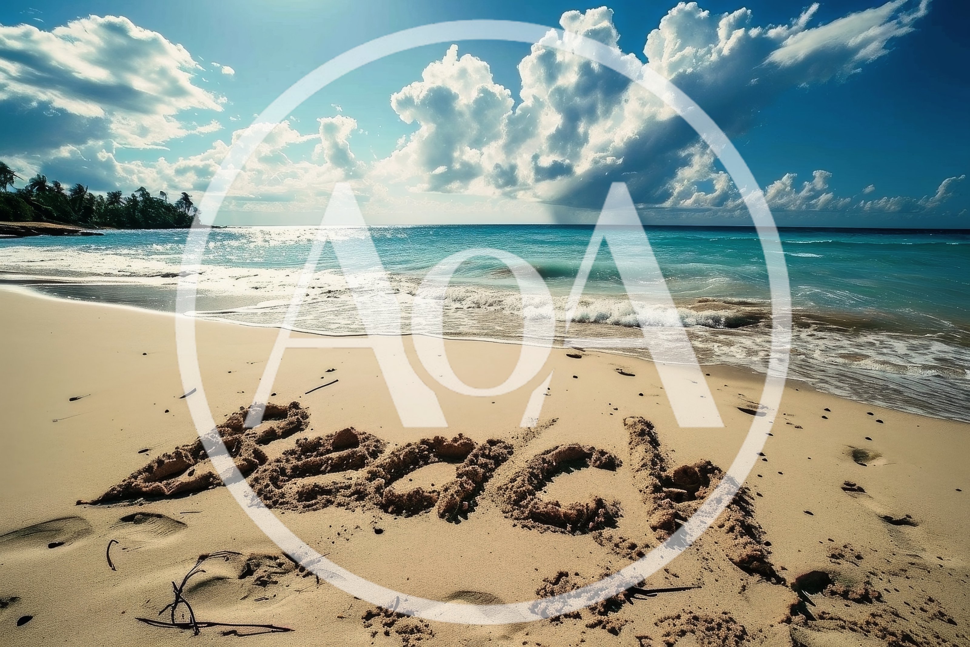 Word Beach Written In Sand On Tropical Shoreline