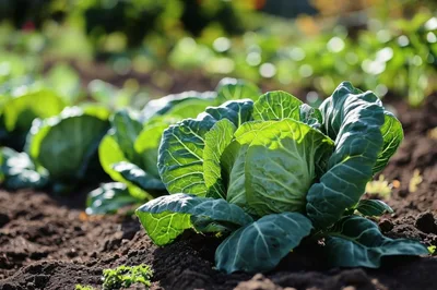 Fresh Green Cabbage Growing in Organic Garden Soil