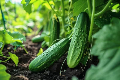 Fresh Green Cucumbers Growing In A Garden