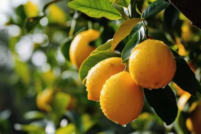 Fresh Ripe Lemons Hanging On A Tree Branch