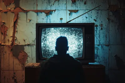 Silhouette Of A Person Watching Static On Vintage Television