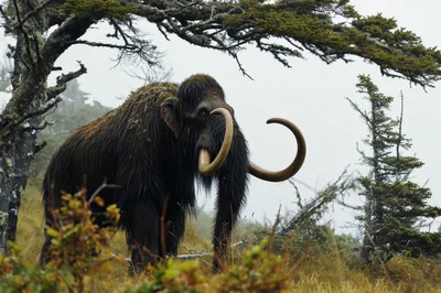 Woolly Mammoth Standing In A Misty Forest