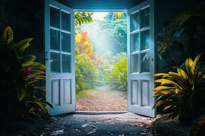 Open French Doors Leading To A Lush Tropical Garden