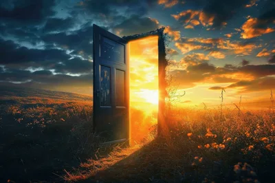 Surreal Open Door Standing In A Golden Meadow