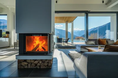 Modern Living Room With Fireplace And Mountain View