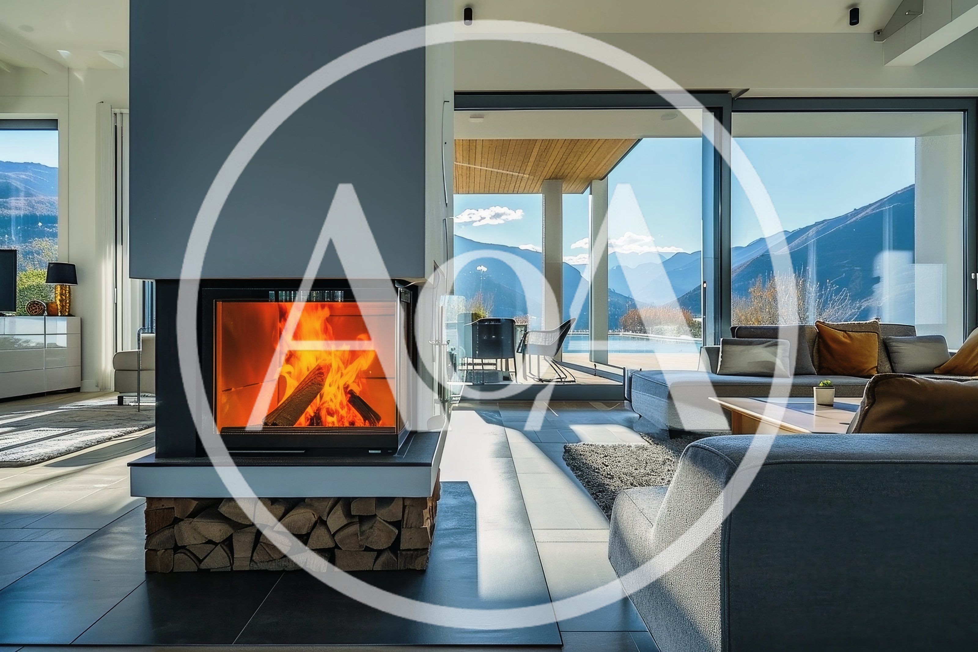 Modern Living Room With Fireplace And Mountain View