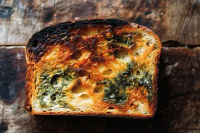 Burnt Slice Of Bread With Mold On Wooden Surface