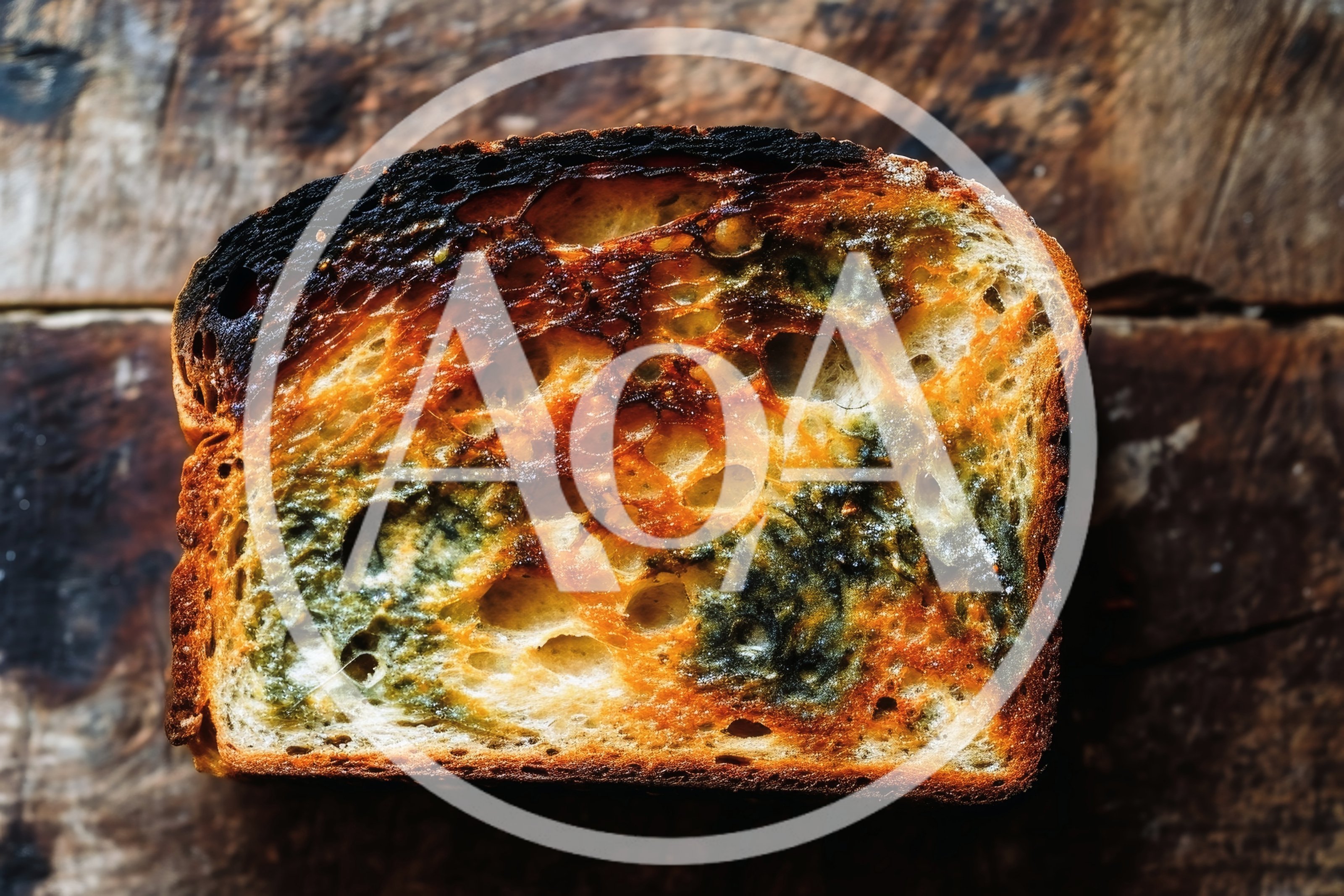 Burnt Slice Of Bread With Mold On Wooden Surface