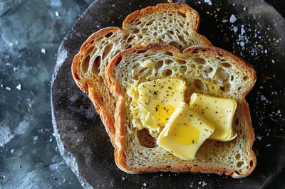 Two Slices Of Toasted Bread With Butter And Pepper