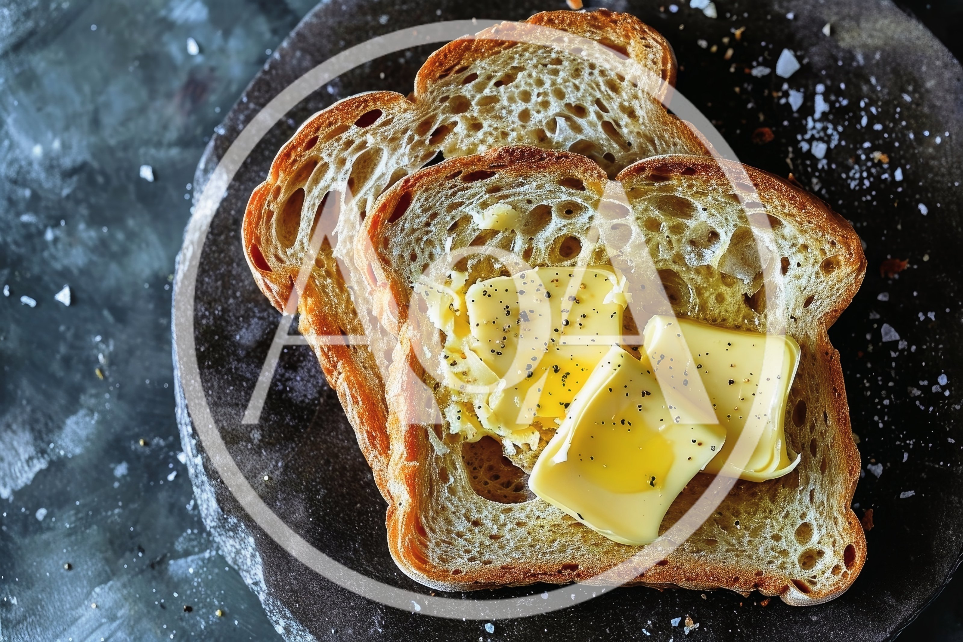 Two Slices Of Toasted Bread With Butter And Pepper