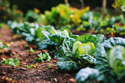 Rows Of Fresh Green Cabbage In A Garden