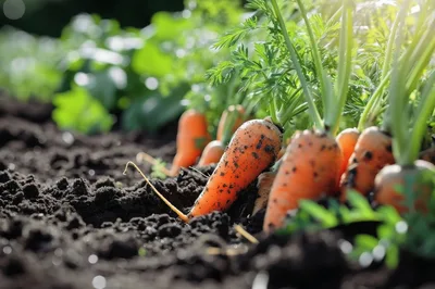 Fresh Organic Carrots Growing In Fertile Garden Soil