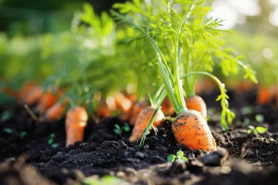 Fresh Organic Carrots Growing in Fertile Garden Soil